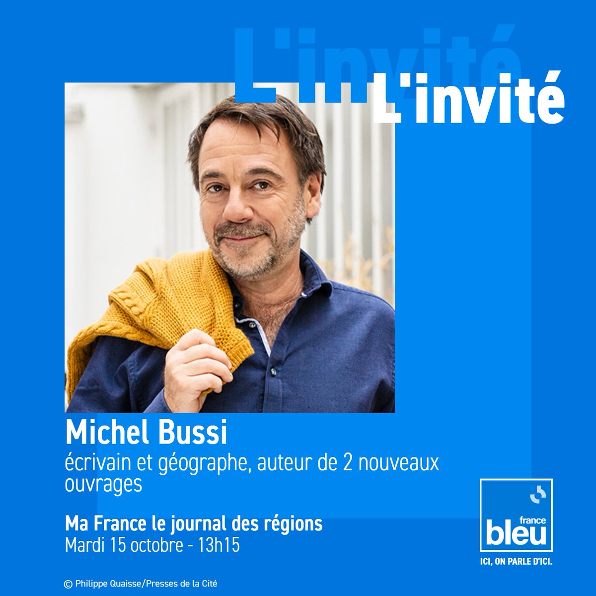 Dans #MaFrance le journal des régions à 13h15,
<a href="/WendyBouchard24/">Wendy B</a> reçoit <a href="/michelbussi/">Michel Bussi</a>, auteur de "Les assassins de l'aube" aux <a href="/PressesdelaCite/">Les Presses de la Cité</a> et de "Nos lieux Communs" chez <a href="/EditionsFayard/">Fayard</a> 

francebleu.fr/emissions/ma-f…