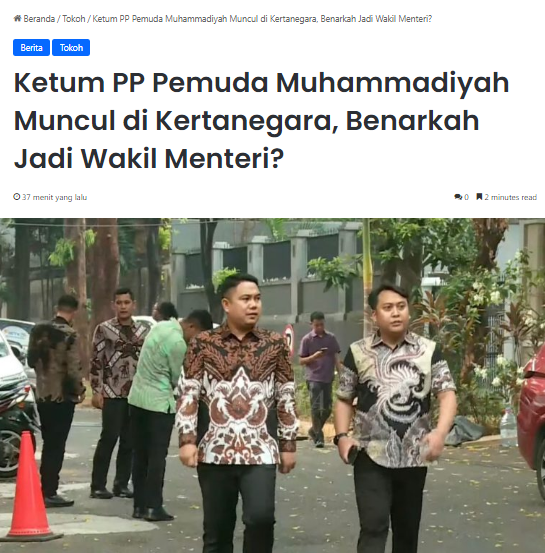 Ketum PP Pemuda Muhammadiyah Dzulfikar Ahmad Tawalla muncul di Kertanegara. 

Hmm, Wamen yang cocok untuk Ketum Pemuda Muhammadiyah di Kabinet Prabowo Subianto - Gibran Rakabuming Raka apa nih, Menpora kah?