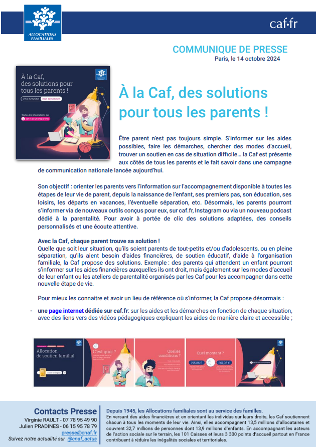 cnaf_actus's tweet photo. #Presse 🗞️

👩‍👦‍👦Des solutions pour tous les parents !

Démarches à réaliser, modes de garde à trouver ou solutions pour faire face à des situations de vie difficiles, être parent n’est pas toujours simple...

Pour accompagner et orienter les parents vers les aides et services disponibles à chaque étape de leur vie, la Cnaf et les Caf lancent aujourd'hui une campagne de communication.

Au cœur de ce dispositif d'information :

📱le lancement d'un compte Instagram, présentant de manière simple, ludique et pédagogique les aides Caf.

https://t.co/kpfi5OVgF5

💻 un espace 100% dédié à leurs questions sur notre site internet, https://t.co/gTBjriY0tF