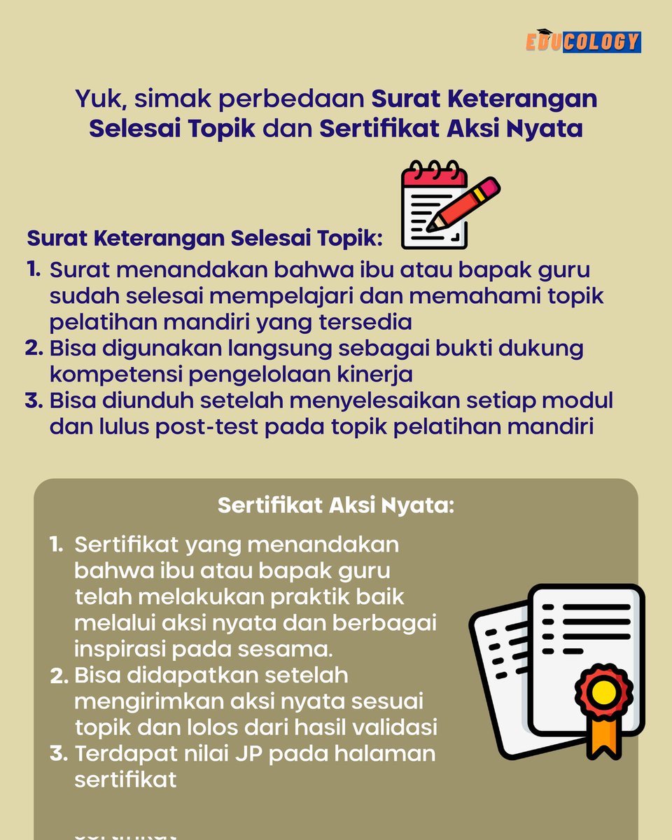 educology_id's tweet photo. Ada yang baru nih di PMM π€©
Yap, saat ini selain Sertifikat Aksi Nyata, ada Surat Keterangan Selesai Topik Pelatihan Mandiri loh yang bisa Bapak/Ibu dapatkan π€©
Untuk informasi selengkapnya, yuk simak ulasan berikut!
#PlatformMerdekaMengajar #PelatihanMandiri https://t.co/Gs3xzKm6gU