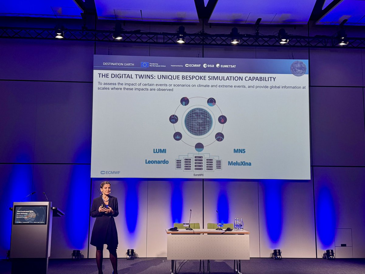 The 3 trusted #DestinE entities updating on key achievements &amp; future plans:
Lothar Wolf (<a href="/eumetsat/">EUMETSAT</a>) gives insights into the Data Lake &amp; its services 
Kathrin Hintze (<a href="/esa/">European Space Agency</a>) showcases DestinE services &amp; interfaces
Irina Sandu (<a href="/ECMWF/">ECMWF</a>) highlights the Digital Twins characteristics