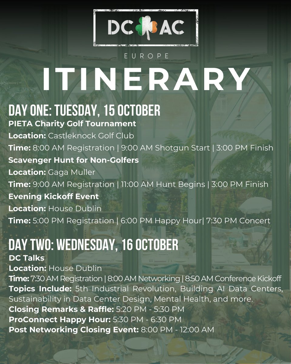 🚨The official #DCACEurope2024 agenda is LIVE!🗓️ 
We’re kicking things off with a charity golf tournament, then diving into a scavenger hunt, and ending the day with a concert by The Riptide Movement at House Dublin. 
AGENDA: bit.ly/3BHzEhZ.
#DataCenterAntiConference