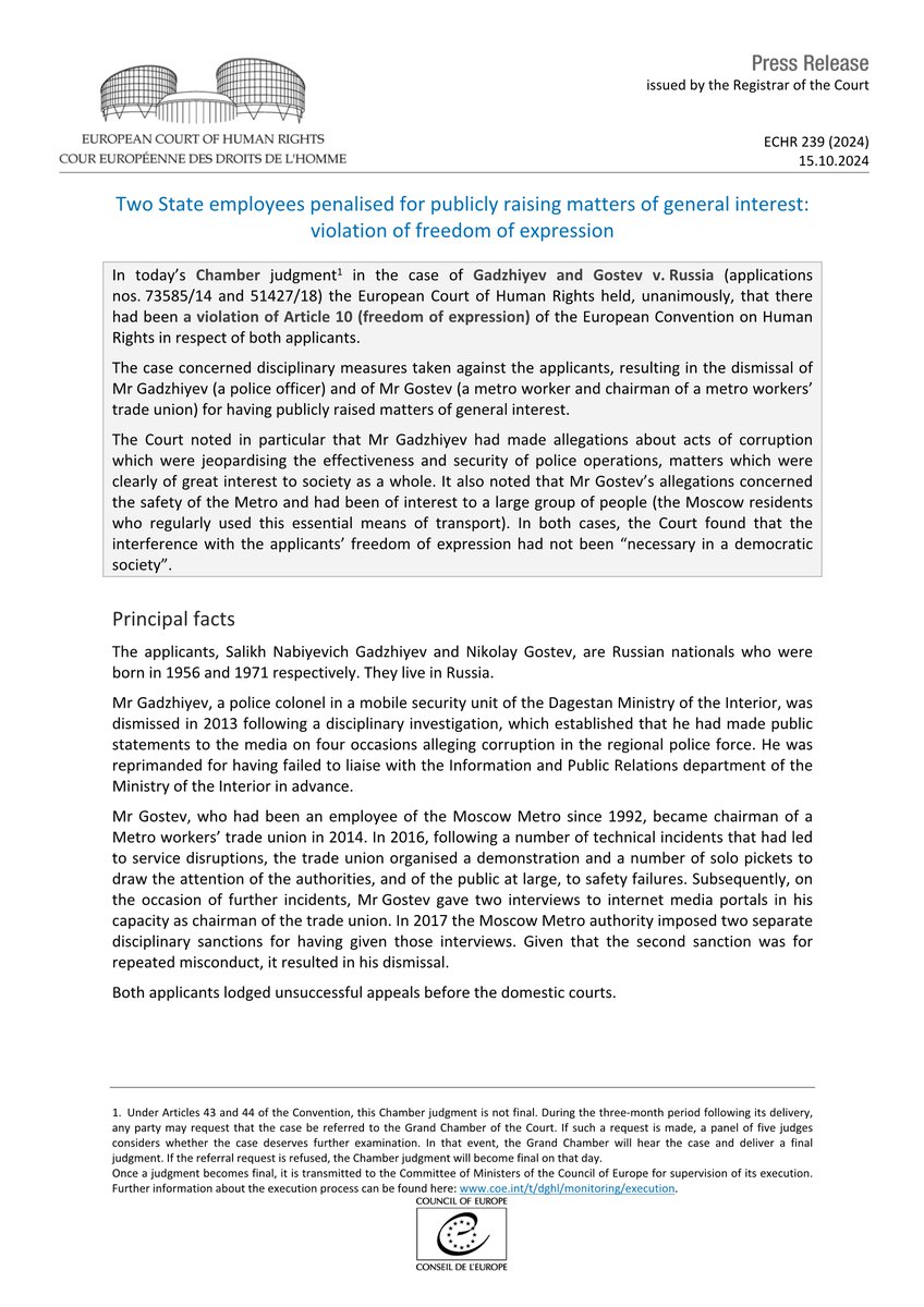 Judgment Gadzhiyev and Gostev v. Russia - dismissal of two State employees for publicly raising matters of general interest
hudoc.echr.coe.int/app/conversion…
#ECHR #CEDH #ECHRpress