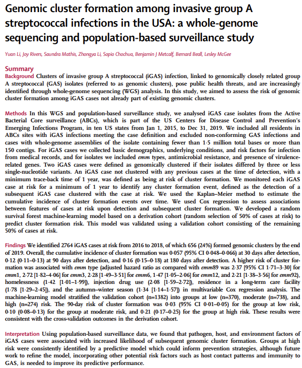 New research article

Genomic cluster formation among invasive group A streptococcal infections in the USA: a whole-genome sequencing and population-based surveillance study

thelancet.com/journals/lanmi…

#Streptococcus #iGAS #OpenAccess #OA