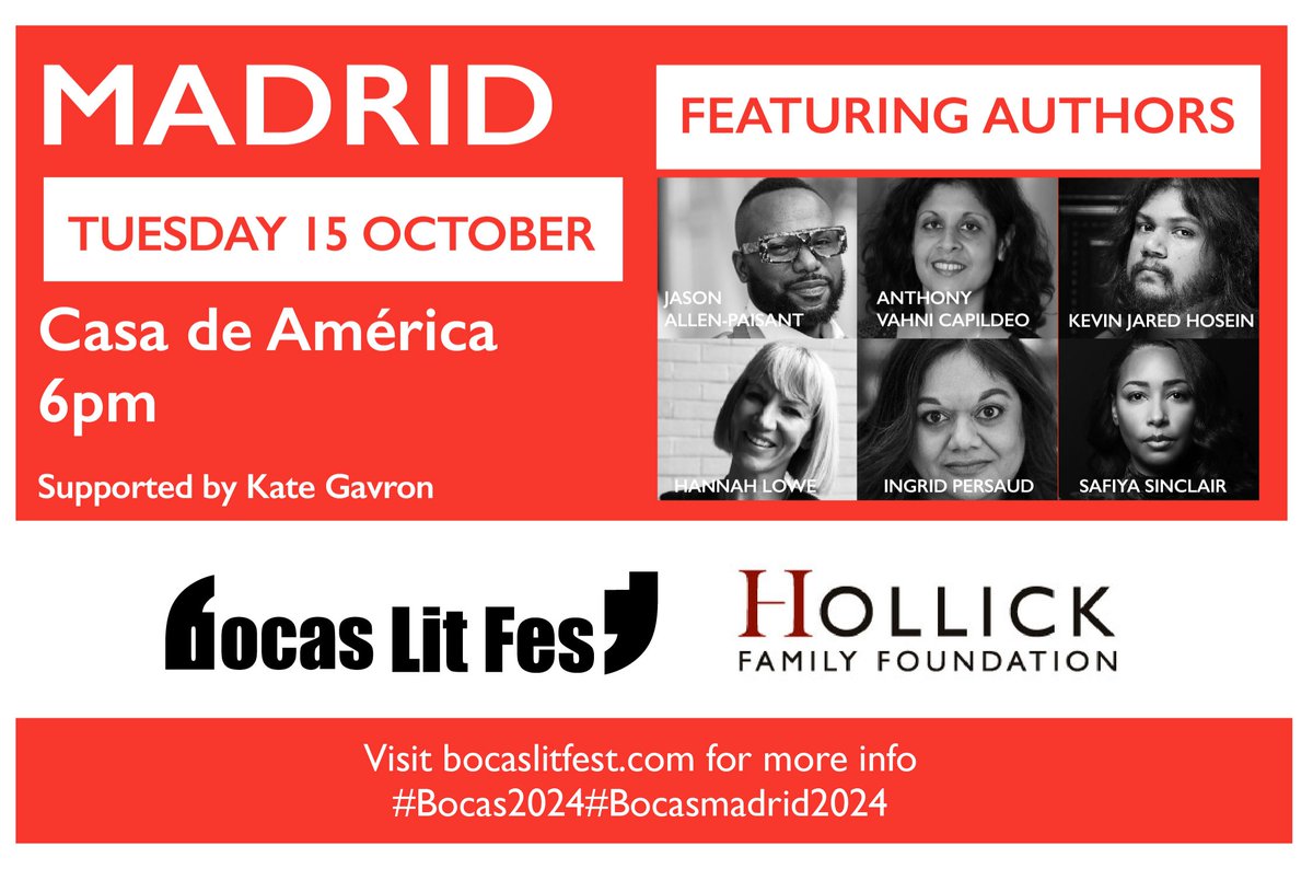 Bocas Lit Fest (@bocaslitfest) on Twitter photo Today at <a href="/casamerica/">Casa de América</a>: Six authors explore versions of the Caribbean that defy stereotypes. Info at: casamerica.es/literatura/cue…
#bocas2024 #bocasmadrid2024
<a href="/kevinjhosein/">Kevin Jared Hosein</a> <a href="/IngridPersaud/">Ingrid Persaud 🇹🇹🇧🇧🇬🇧</a> <a href="/SafiyaSinclair/">Safiya Sinclair</a> <a href="/jallenpaisant/">Jason Allen-Paisant</a> #AnthonyVahniCapildeo <a href="/hannahlowepoet/">hannahlowepoet</a> Today at <a href="/casamerica/">Casa de América</a>: Six authors explore versions of the Caribbean that defy stereotypes. Info at: casamerica.es/literatura/cue…
#bocas2024 #bocasmadrid2024
<a href="/kevinjhosein/">Kevin Jared Hosein</a> <a href="/IngridPersaud/">Ingrid Persaud 🇹🇹🇧🇧🇬🇧</a> <a href="/SafiyaSinclair/">Safiya Sinclair</a> <a href="/jallenpaisant/">Jason Allen-Paisant</a> #AnthonyVahniCapildeo <a href="/hannahlowepoet/">hannahlowepoet</a>