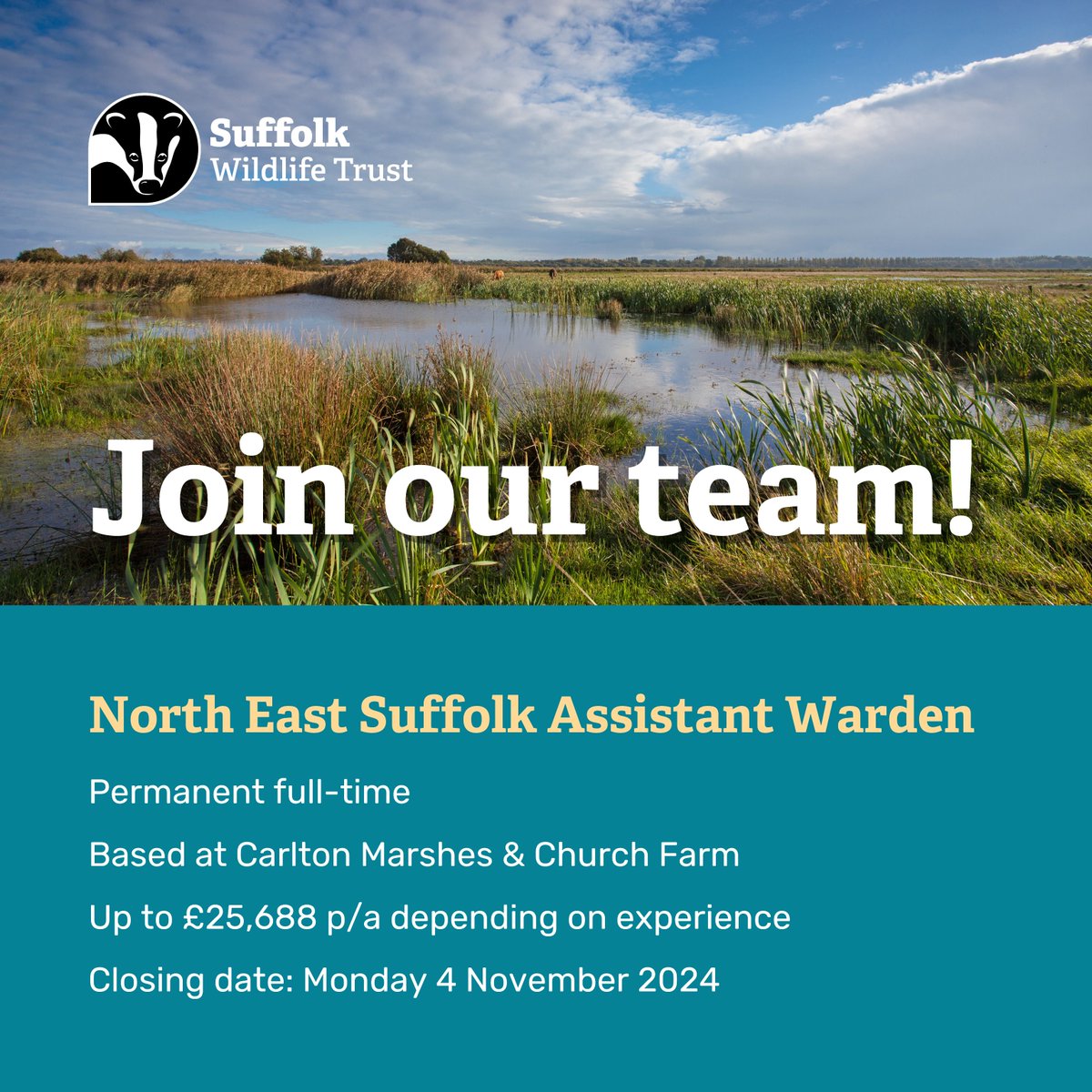 SuffolkWildlifeTrust (@suffolkwildlife) on Twitter photo Join our Conservation team in north east Suffolk! 🌾
A great opportunity to become part of our <a href="/SWT_NE_Reserves/">Suffolk Wildlife Trust North East Reserves</a> team, where you could make a real difference for Suffolk's wildlife and environment.
Interested? Visit our website 👇
suffolkwildlifetrust.org/jobs/north-eas… Join our Conservation team in north east Suffolk! 🌾
A great opportunity to become part of our <a href="/SWT_NE_Reserves/">Suffolk Wildlife Trust North East Reserves</a> team, where you could make a real difference for Suffolk's wildlife and environment.
Interested? Visit our website 👇
suffolkwildlifetrust.org/jobs/north-eas…