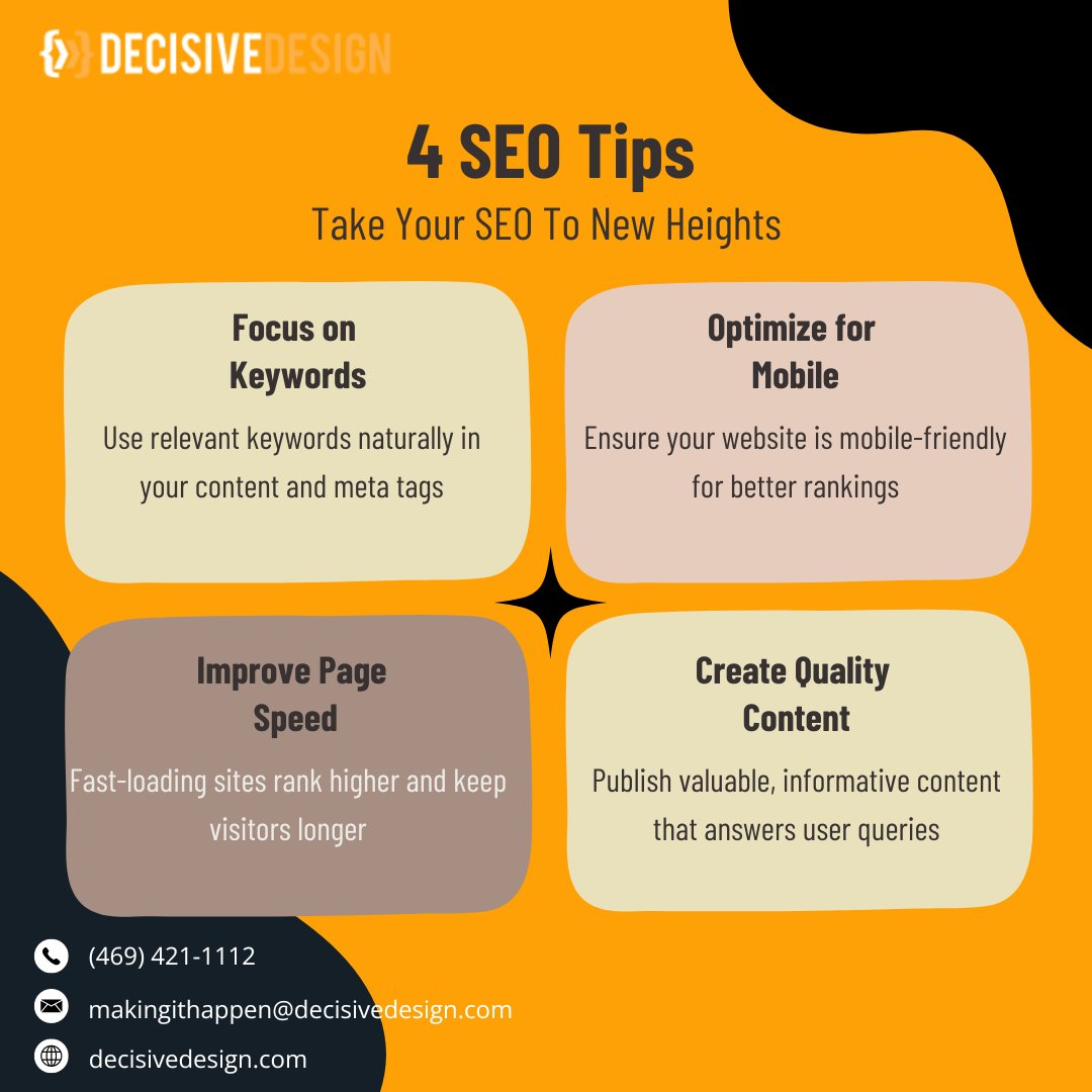 DecisiveDesign's tweet image. Boost your website’s performance with these 4 essential SEO tips! 🔍 From optimizing keywords to improving page speed, these strategies can elevate your rankings. 

🌐 decisivedesign.com
✉ makingithappen@decisivedesign.com

#SEO #PageSpeed #MobileOptimization