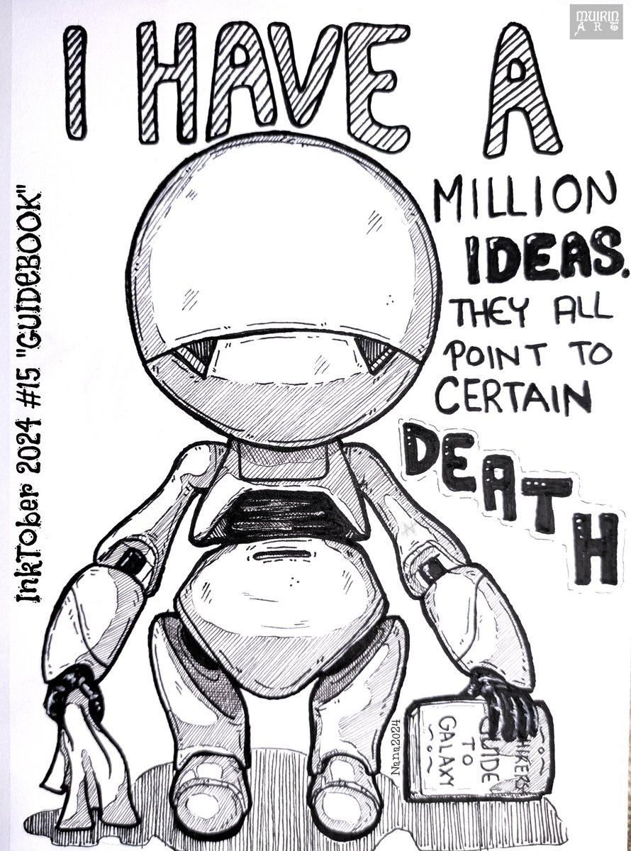 NanaHonkonen's tweet image. #Inktober2024 #15 &quot;GUIDEBOOK&quot;
#PigmaMicrons on #sketchbook #guidebook #inktoberguidebook #marvin #hitchhikersguidetothegalaxy #robots #muirinartinktober2024 #muirinartrobots #drawingchallenge #drawing #illustrations #inktober #finland #suomi #taide  #inktoberfinland @drawmearobot