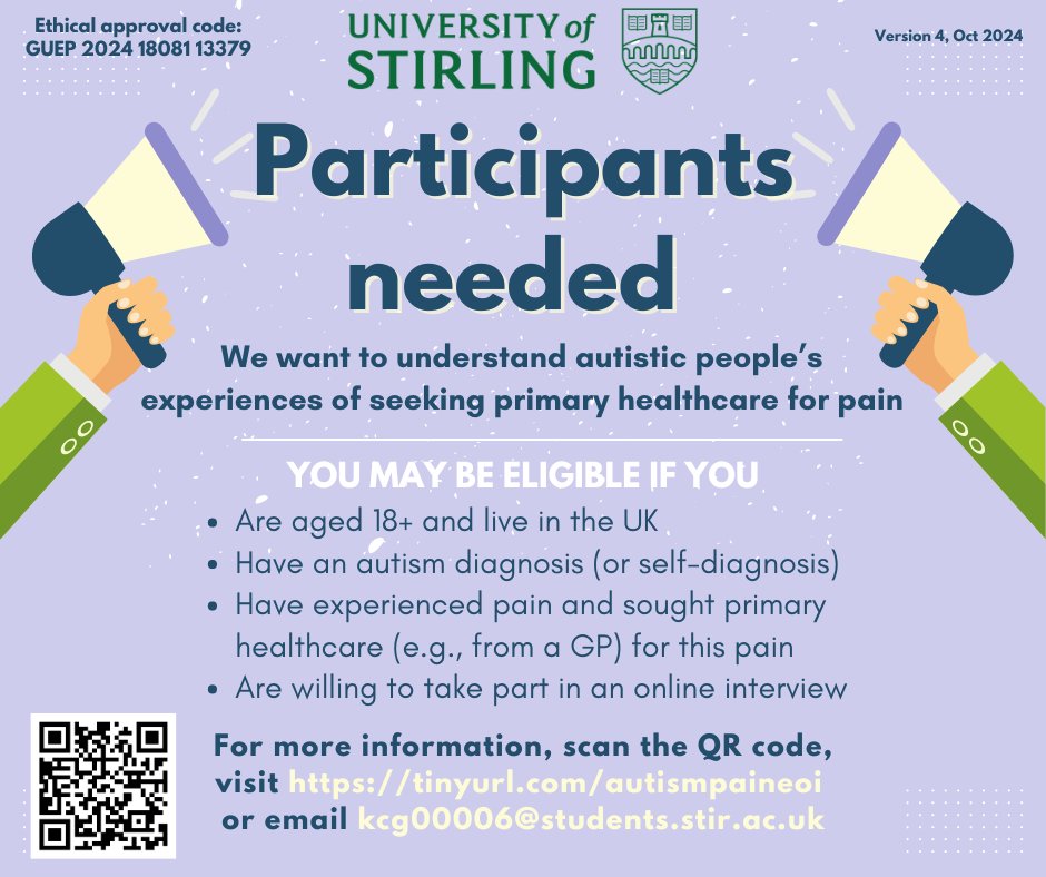 We are looking for #ActuallyAutistic people who experience long-term pain to take part in an online interview about their experiences of seeking primary healthcare in the UK  

For more info or to take part, visit tinyurl.com/autismpaineoi or scan the QR code  

RTs appreciated!
