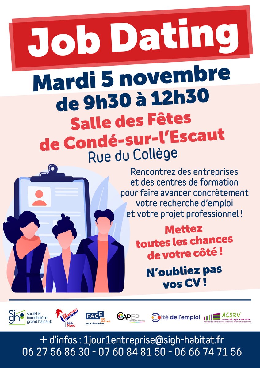 C'est demain !
N'oubliez pas votre CV ! 📞 Infos : 06 27 56 86 30 / 1jour1entreprise@sigh-habitat.fr
#Emploi #JobDating #hautsdefrance