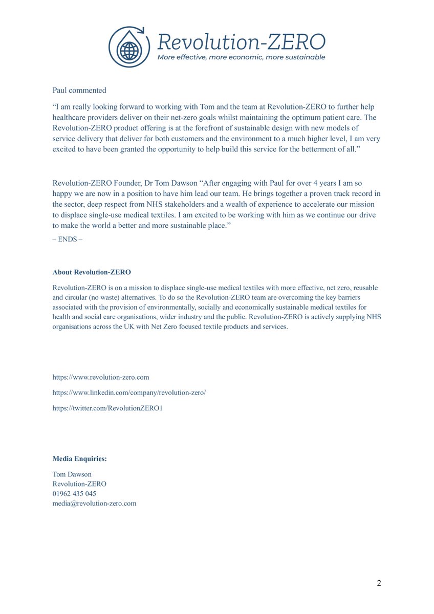 Revolution-ZERO (@revolutionzero1) on Twitter photo Revolution-ZERO, certified B Corp, are delighted to announce Paul Broadberry as Chief Executive Officer, starting 1st November.
Read the full press release below. 
#TogetherWeCan 🙏🌎⚕️ Revolution-ZERO, certified B Corp, are delighted to announce Paul Broadberry as Chief Executive Officer, starting 1st November.
Read the full press release below. 
#TogetherWeCan 🙏🌎⚕️