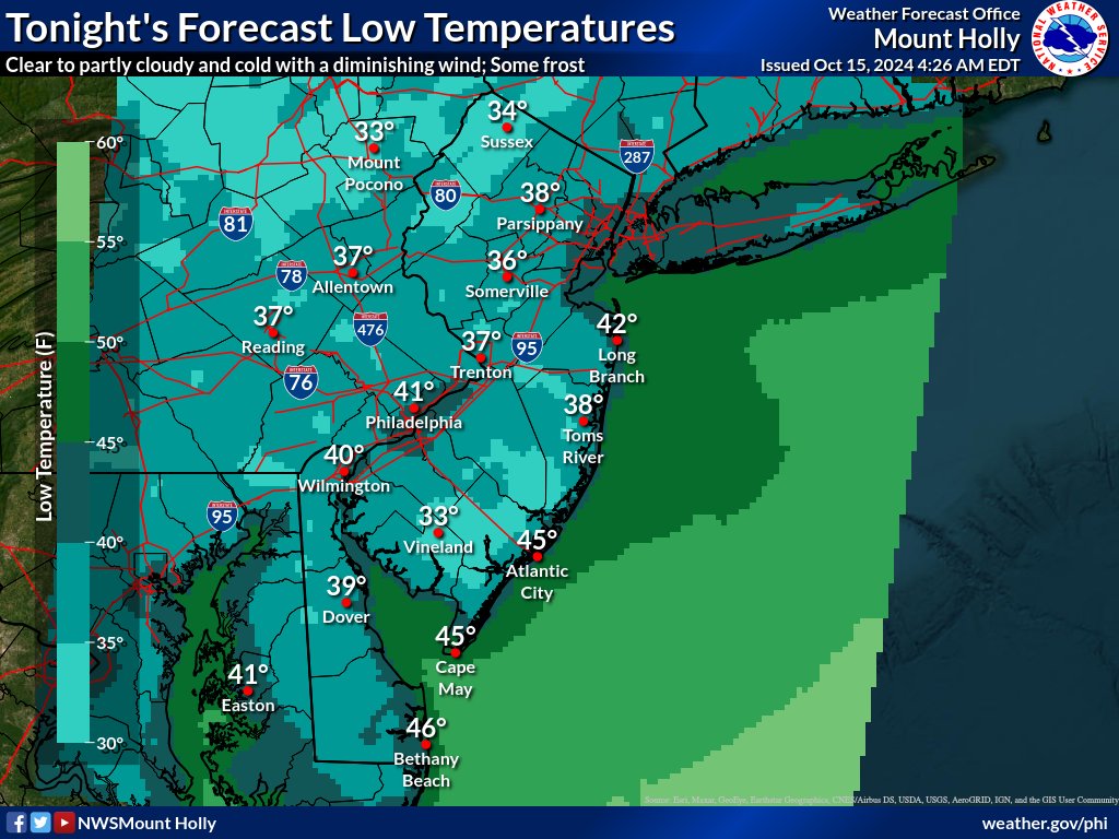 NWS_MountHolly's tweet image. A colder day today as many places start out in the 30s, then temperatures only warm into mostly the 50s. A cold night tonight with many areas dropping down into the 30s with some frost. #dewx #mdwx #njwx #pawx