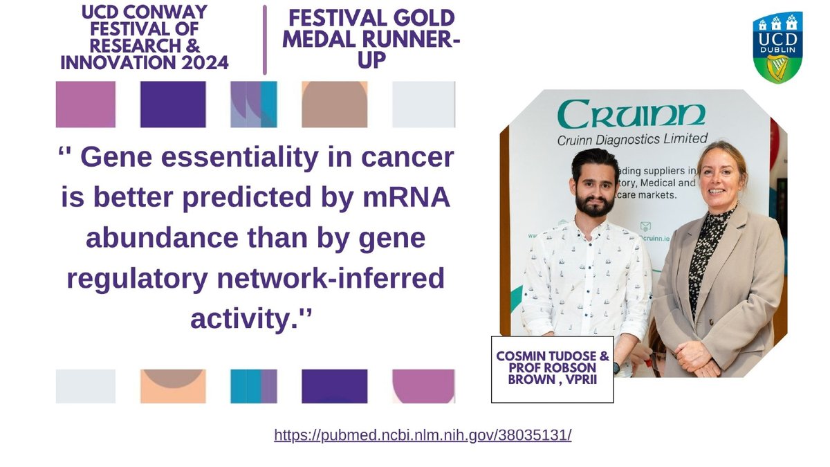 UCD Conway Institute (@ucd_conway) on Twitter photo Congrats to Gold Medal Runner Up <a href="/cosmint_/">Cosmin Tudose</a> 👏 🎉 His study shows that Gene expression is a better predictor of cancer cell sensitivity to treatments than gene regulatory networks. 🔍 #conwayfest24 #CancerResearch #Genomics #CRISPR Congrats to Gold Medal Runner Up <a href="/cosmint_/">Cosmin Tudose</a> 👏 🎉 His study shows that Gene expression is a better predictor of cancer cell sensitivity to treatments than gene regulatory networks. 🔍 #conwayfest24 #CancerResearch #Genomics #CRISPR