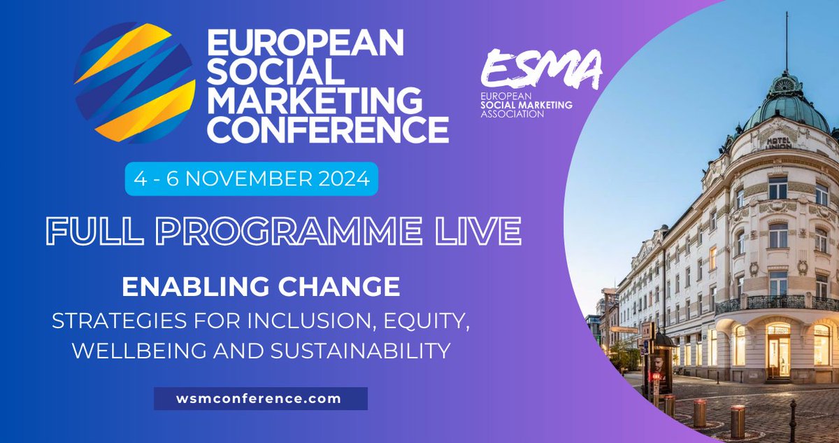 THE 6th EUROPEAN SOCIAL MARKETING CONFERENCE
 
The wait is over—the FULL PROGRAMME is now live!

wsmconference.com/slovenia-2024/…

This comprehensive agenda features keynote speakers, plenary sessions, and more than 70 breakout sessions!