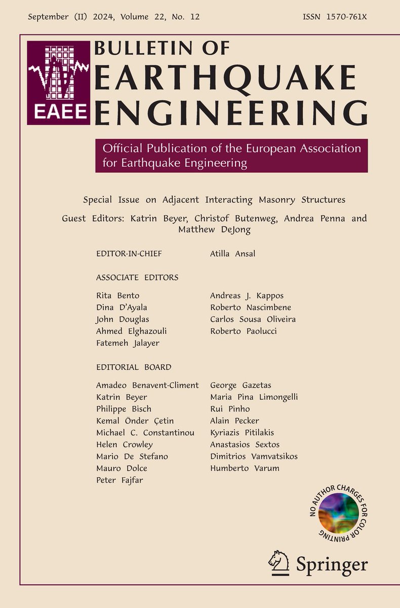 📣New Special Issue in journal Bulletin of #EarthquakeEngineering: ‘Adjacent Interacting #Masonry Structures’, with Issue Editors K. Beyer, C. Butenweg, A. Penna and M. DeJong! All non-Open Access papers are now freely accessible until 10 December 2024➡️link.springer.com/journal/10518/…