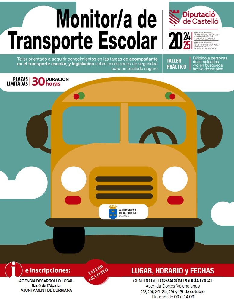 🚍 La Diputación de Castellón y el Ayuntamiento de Burriana, han organizado un taller práctico para la formación de monitor/a de Transporte Escolar. 

🗓 Del 22 al 25 y del 28 al 29 de octubre
📍 Centro de Formación de la Policía Local (Av. Corts Valencianes).
🕜 De 9h. a 14h.