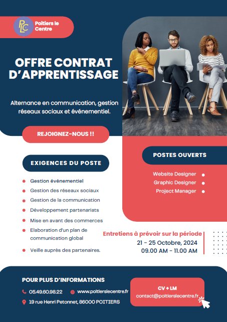 ❗ Alerte recrutement ! Dans le cadre de son développement, Poitiers le Centre recherche  son nouveau talent ! N'hésitez pas à rejoindre un projet en plein  développement ! Contact et informations ci-dessous 👇 . 📅  Date prévue  de prise de fonctions : le 2 novembre 2024.