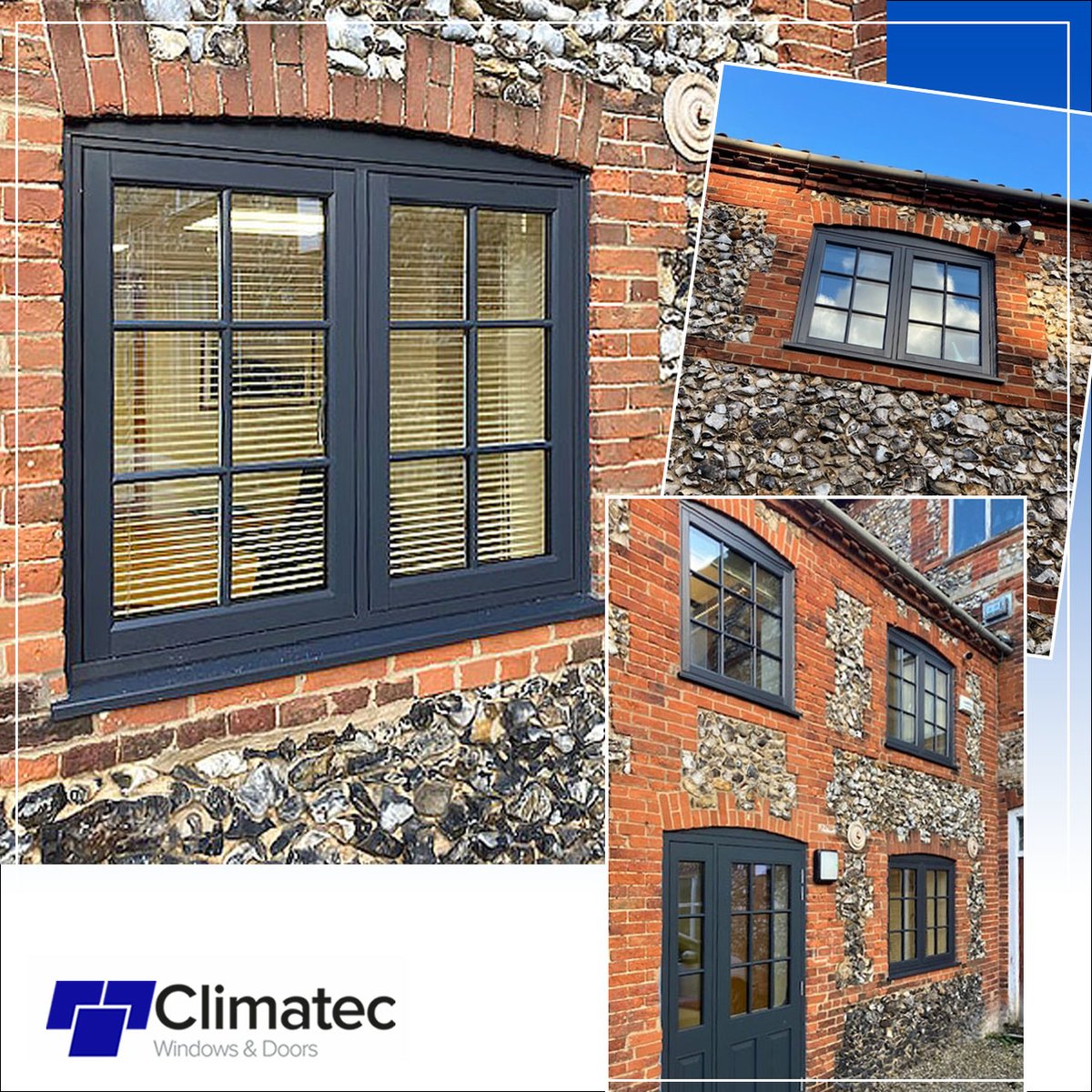 ClimatecWinLtd's tweet image. These anthracite grey Rio flush sash windows look great with the stone work on this office building in Dereham. Our customer Mark Harries Ltd was very impressed with the windows &amp;amp; happy to report the the building owner was as well.
#flushwindows
#anthracitegrey
#windowfabrication