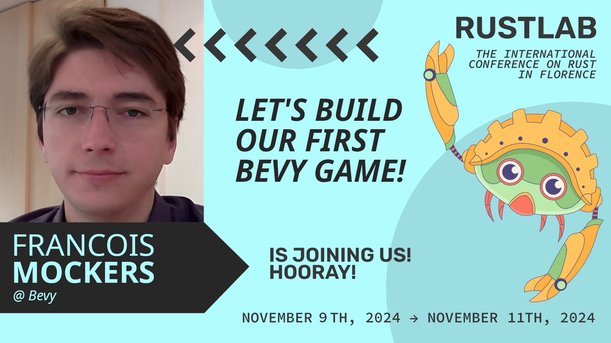 🎮 Game dev enthusiasts, this one's for you! 🦀
Join François Mockers for an intermediate-level workshop on #RustLab2024's opening day: "Let's build our first Bevy game!"
Ready to level up your Rust game dev skills?
👉 rustlab.it/speakers/mocke…
#RustLang <a href="/FrancoisMockers/">François Mockers</a>
