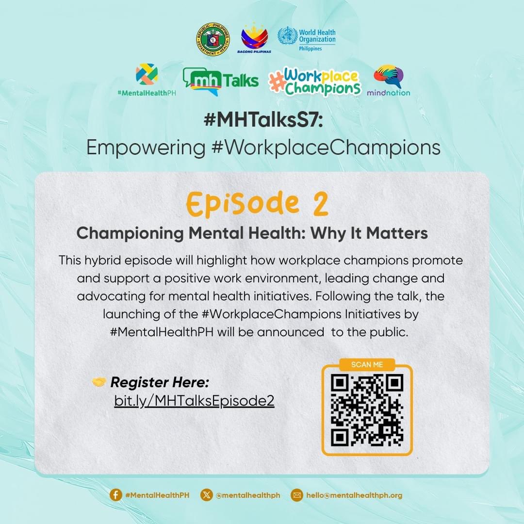 mentalhealthph's tweet image. #MHTalksS7 Episode 2 is just 5 days away! JOIN US for Championing Mental Health: Why It Matters, where we’ll discuss how #WorkplaceChampions can transform mental health in the workplace. 💼🧠🤝 Registration is FREE: bit.ly/MHTalksEpisode2

#MentalHealthPH 
#MHTalksSeason7