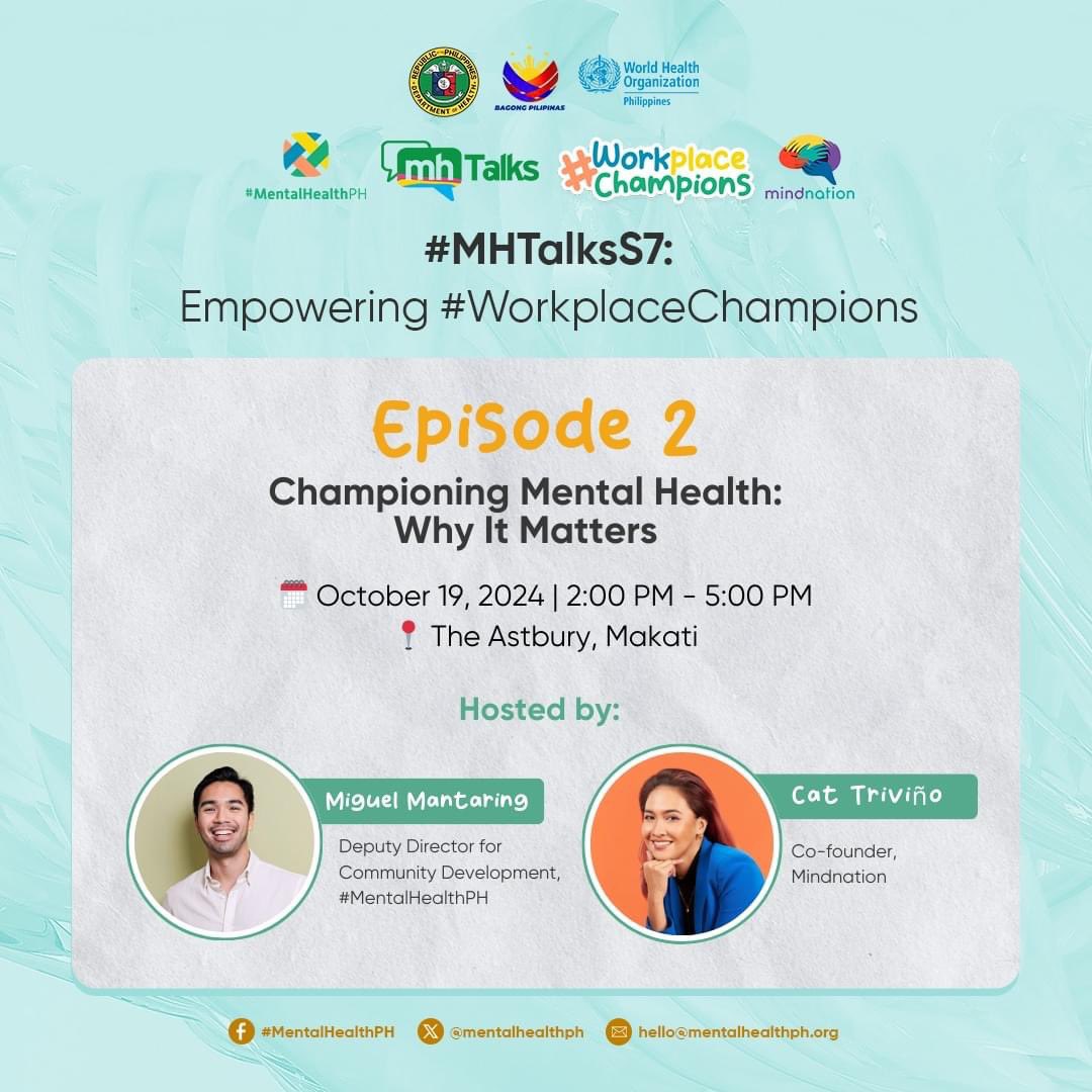 mentalhealthph's tweet image. #MHTalksS7 Episode 2 is just 5 days away! JOIN US for Championing Mental Health: Why It Matters, where we’ll discuss how #WorkplaceChampions can transform mental health in the workplace. 💼🧠🤝 Registration is FREE: bit.ly/MHTalksEpisode2

#MentalHealthPH 
#MHTalksSeason7