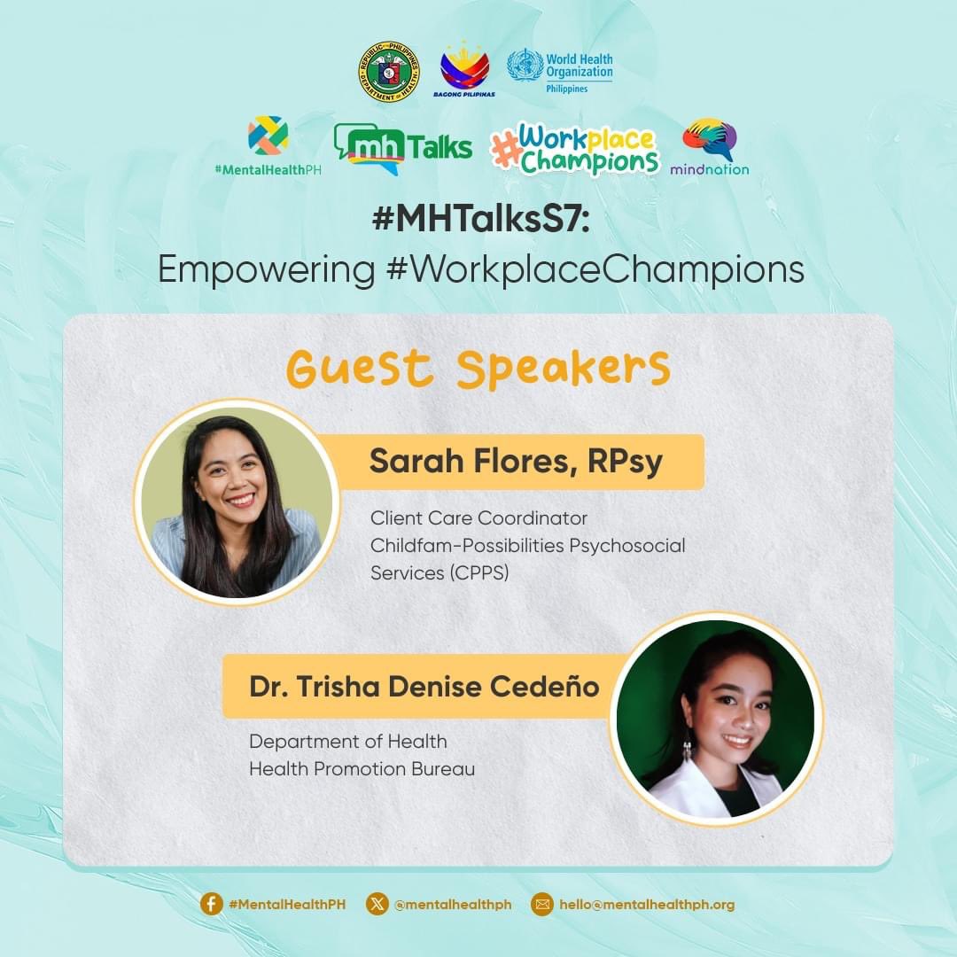 mentalhealthph's tweet image. #MHTalksS7 Episode 2 is just 5 days away! JOIN US for Championing Mental Health: Why It Matters, where we’ll discuss how #WorkplaceChampions can transform mental health in the workplace. 💼🧠🤝 Registration is FREE: bit.ly/MHTalksEpisode2

#MentalHealthPH 
#MHTalksSeason7