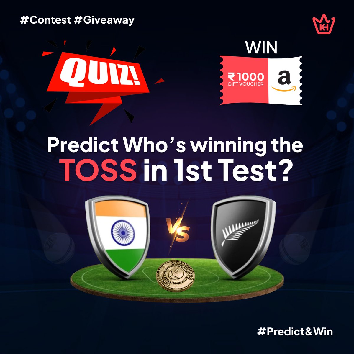 KOTHGaming_'s tweet photo. #ContestAlert #Giveaway Predict who will win the toss in #INDvsNZ Test match to win Amazon vouchers. All you have to do is:- 
1. Follow @KOTHGaming_
2. Comment with your prediction 
3: DM your mobile number or email id 
4. Share this post 

 #contest #giveawayalert #contestindia #contestgiveaway #GiveawayAlert #cricketcontest #CricketTwitter cricket contest India New Zealand