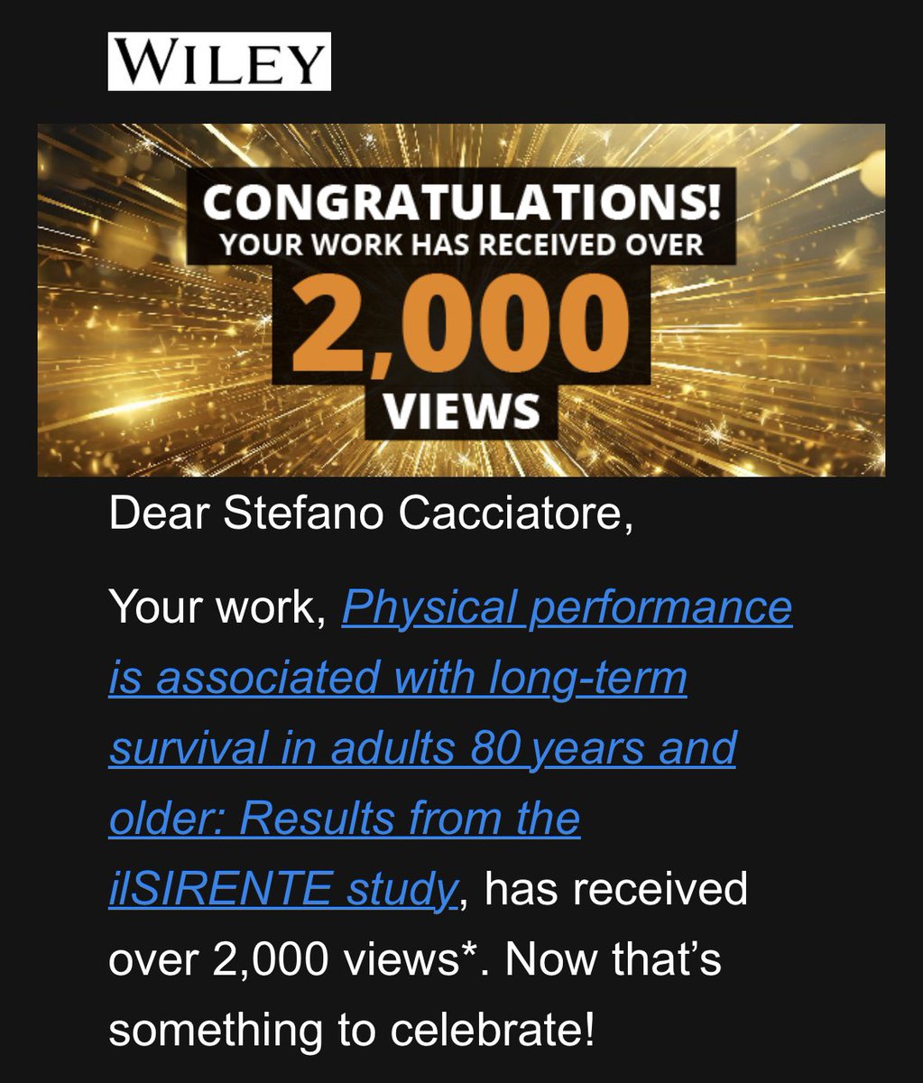 stecacMD's tweet image. “Physical performance is associated with long-term survival in adults 80 years and older: Results from the ilSIRENTE study” has received over 2,000 views since publication in @AGSJournal! Read it here: onlinelibrary.wiley.com/doi/10.1111/jg… #ViewsMilestone