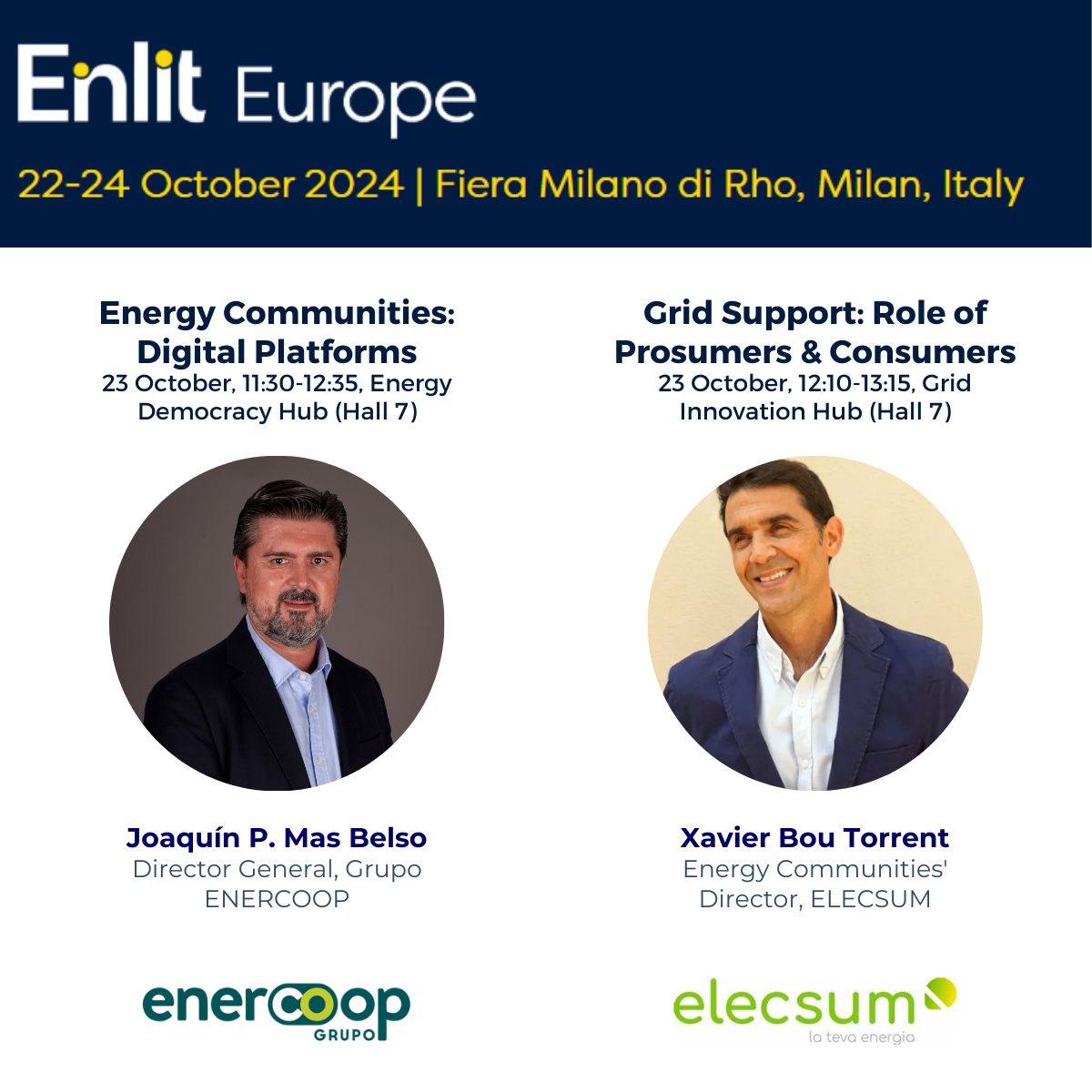 GEODE (@geode_eu) on Twitter photo Join us at <a href="/Enlit_Europe/">Enlit Europe</a>, where on 23/10 our experts will speak at:
🗣 <a href="/jmasbelso/">Joaquín P. Mas Belso</a> from <a href="/grupoenercoop/">Grupo Enercoop</a> will speak at the session "Energy Communities: Digital Platforms"
🗣 Xavi Bou Torrent from @Elecsum_fv will speak at the session "Grid Support: Role of Prosumers & Consumers" Join us at <a href="/Enlit_Europe/">Enlit Europe</a>, where on 23/10 our experts will speak at:
🗣 <a href="/jmasbelso/">Joaquín P. Mas Belso</a> from <a href="/grupoenercoop/">Grupo Enercoop</a> will speak at the session "Energy Communities: Digital Platforms"
🗣 Xavi Bou Torrent from @Elecsum_fv will speak at the session "Grid Support: Role of Prosumers & Consumers"