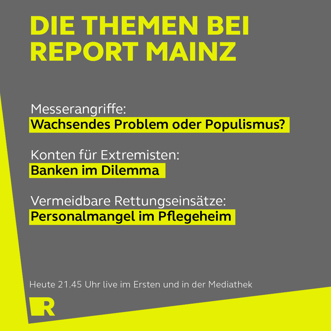 Immer wieder sind Messerangriffe im öffentlichen Raum in den Schlagzeilen. Bei vielen sorgt das für Verunsicherung und Angst. Doch: Gibt es Grund dazu? Und was sagen die Zahlen? Heute Abend, REPORT Mainz, 21.45 Uhr live in <a href="/DasErste/">Das Erste</a> und in der #ARDMediathek.