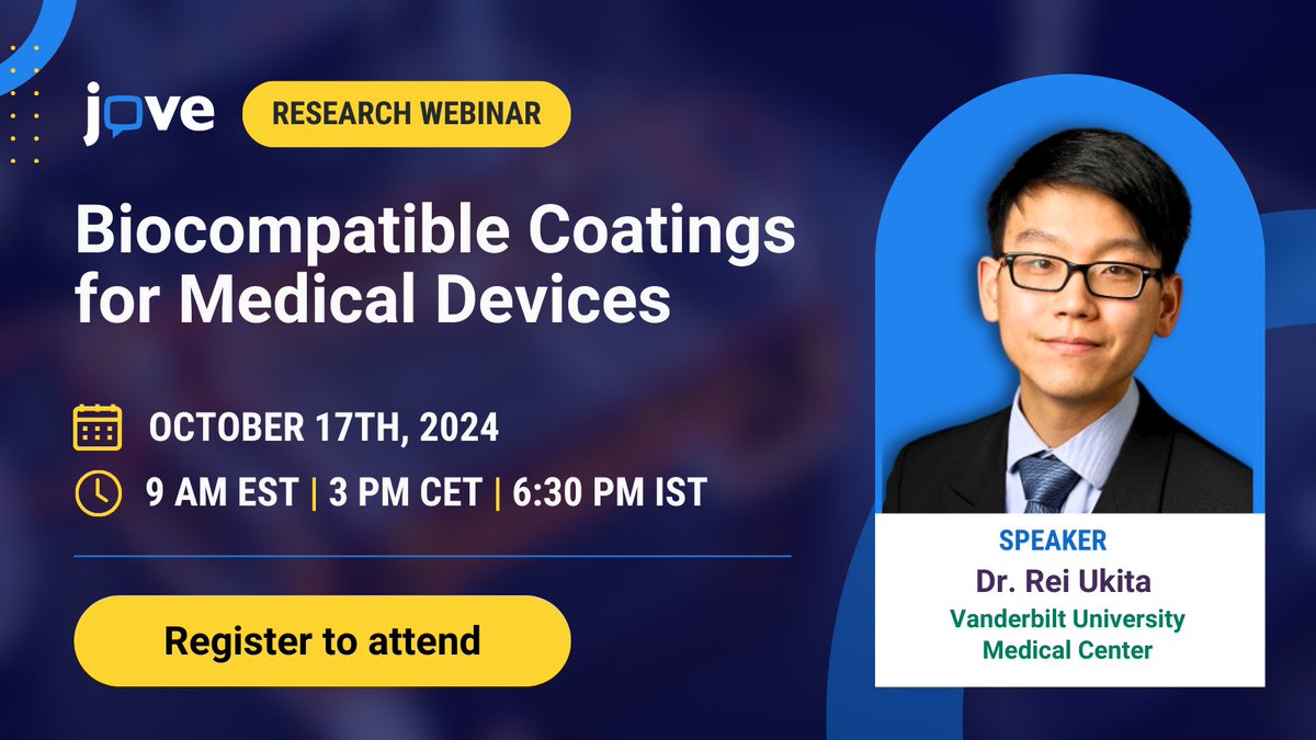 How can we tackle biocompatibility issues in medical devices?

Join our webinar with <a href="/UkitaRei/">Rei Ukita</a> from <a href="/VUMChealth/">Vanderbilt Health</a> to explore how evaluating and applying the correct biomaterial surface coatings can resolve biocompatibility issues.

Register: info.jove.com/research-webin…