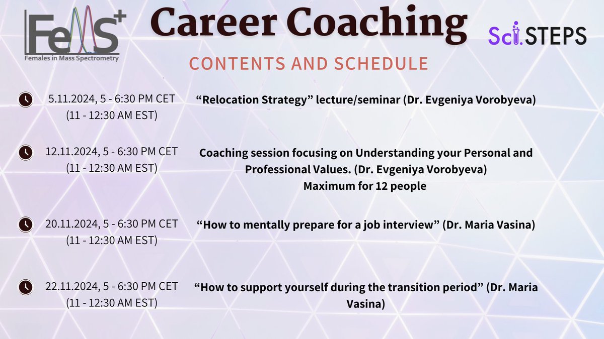 Females in Mass Spectrometry (FeMS) (@femalesinms) on Twitter photo 📢 Let us invite you to the ONLINE Career Transition Workshop with the amazing support of <a href="/scisteps/">Sci.STEPS - Mentoring Program for Scientists</a> 🙏
Link here for more information and registration: docs.google.com/forms/d/1IY-ye…
Career transition are challenging, but you don't need to do it alone! 🤗 📢 Let us invite you to the ONLINE Career Transition Workshop with the amazing support of <a href="/scisteps/">Sci.STEPS - Mentoring Program for Scientists</a> 🙏
Link here for more information and registration: docs.google.com/forms/d/1IY-ye…
Career transition are challenging, but you don't need to do it alone! 🤗