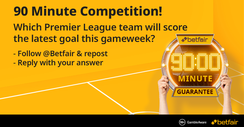 Betfair's tweet photo. #90Min Competition! 🎊

Which Premier League team will score the latest goal this gameweek?

Follow, repost and guess correctly - you could win a £25 free bet!

Click below for T&amp;C's.