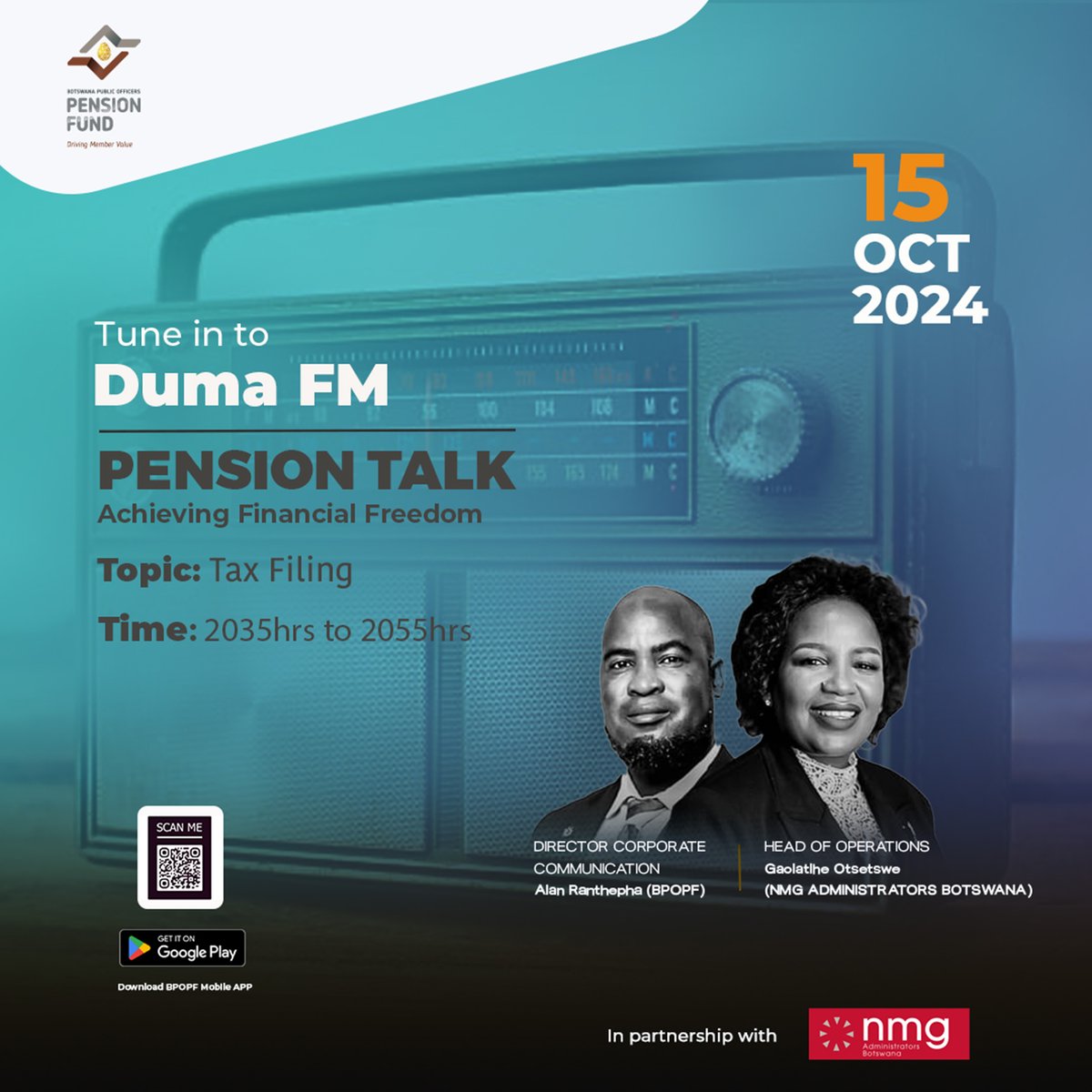 𝗧𝗵𝗲 𝗣𝗲𝗻𝘀𝗶𝗼𝗻 𝗧𝗮𝗹𝗸: 𝗔𝗰𝗵𝗶𝗲𝘃𝗶𝗻𝗴 𝗙𝗶𝗻𝗮𝗻𝗰𝗶𝗮𝗹 𝗙𝗿𝗲𝗲𝗱𝗼𝗺 talk show is on today in collaboration with NMG Administrators Botswana on Duma Fm at 20:35.
Today we cover all things #Taxes. Tune in to learn how tax affects your pension.