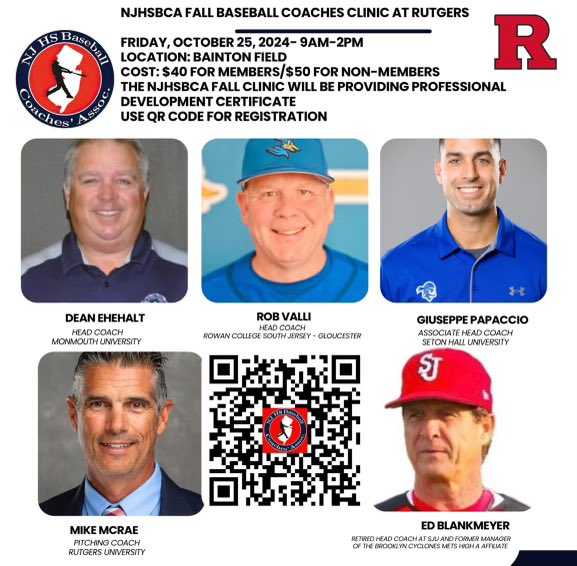 njhsbca's tweet image. The NJHSBCA is hosting the fall baseball coaches clinic at Rutgers University, Bainton field, on Friday October 25th from 9am-2pm!
#NJbaseball #PAbaseball #southjerseybaseball #northjerseybaseball #rutgersuniversitybaseball #saintjohnsbaseball #NYbaseball #highschoolbaseball