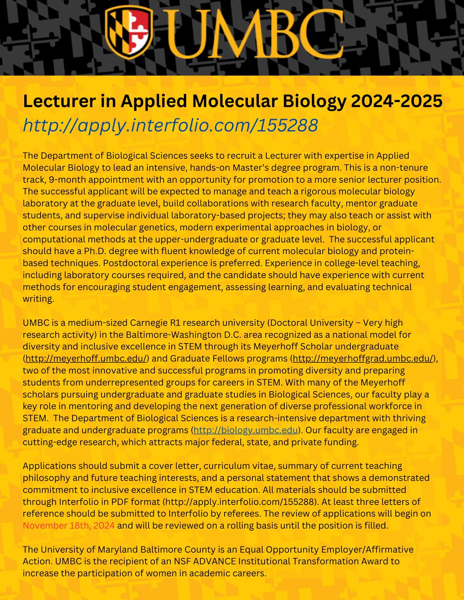 The Department of Biological Sciences seeks to recruit a Lecturer with expertise in Applied Molecular Biology to lead an intensive, hands on Master's degree program. Apply through the Interfolio link lnkd.in/e4XUFqjd #UMBC