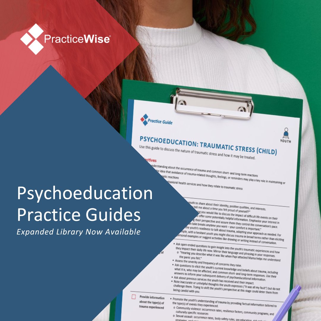 PracticeWise's tweet image. Our expanded Psychoeducation Practice Guides are NOW AVAILABLE! These valuable resources cover key areas such as Anxiety, Depression, Trauma, and more, for both child and caregiver. Visit our site to access these resources.
practicewise.com/Store/BrowseSe… 

#mentalhealth #psychoeducation