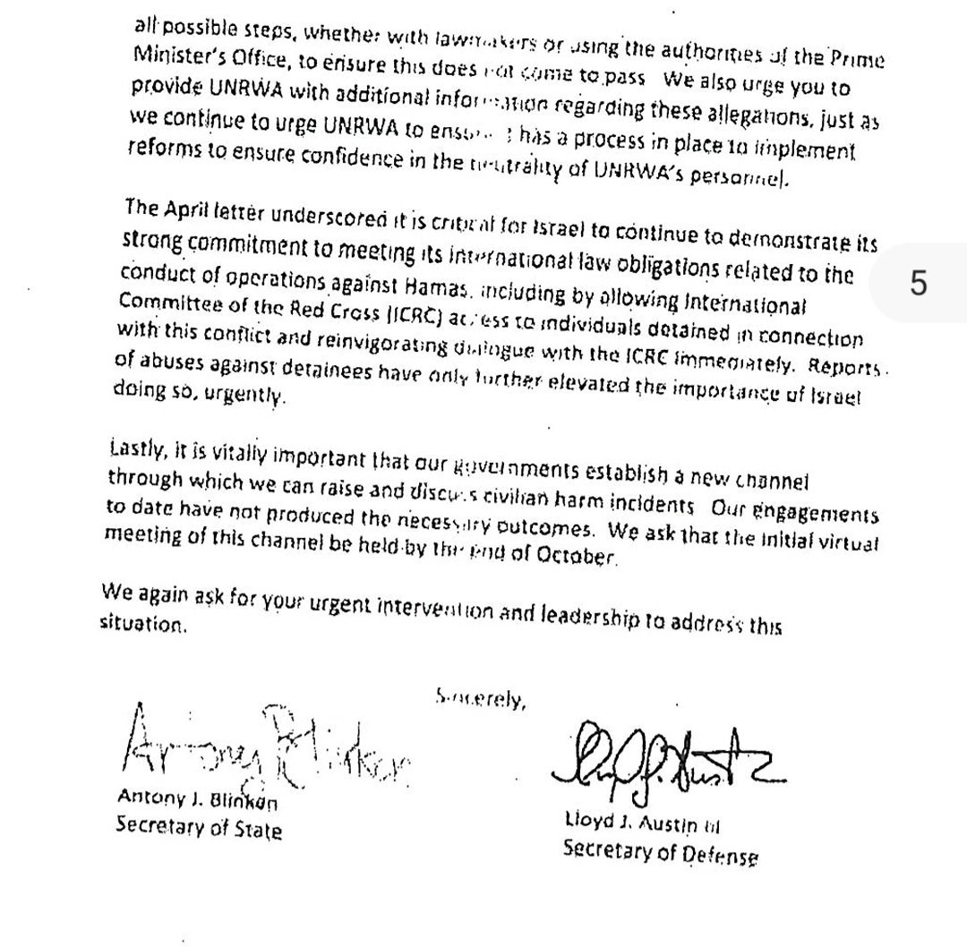 🚨🇺🇸🇮🇱Secretary of State Blinken &amp; Secretary of Defense Austin sent a letter on Monday to Israel demanding  it takes steps within 30 days to improve the humanitarian situation in Gaza in order to avoid consequences in U.S. law for U.S. milirary aid to Israel. See letter here: