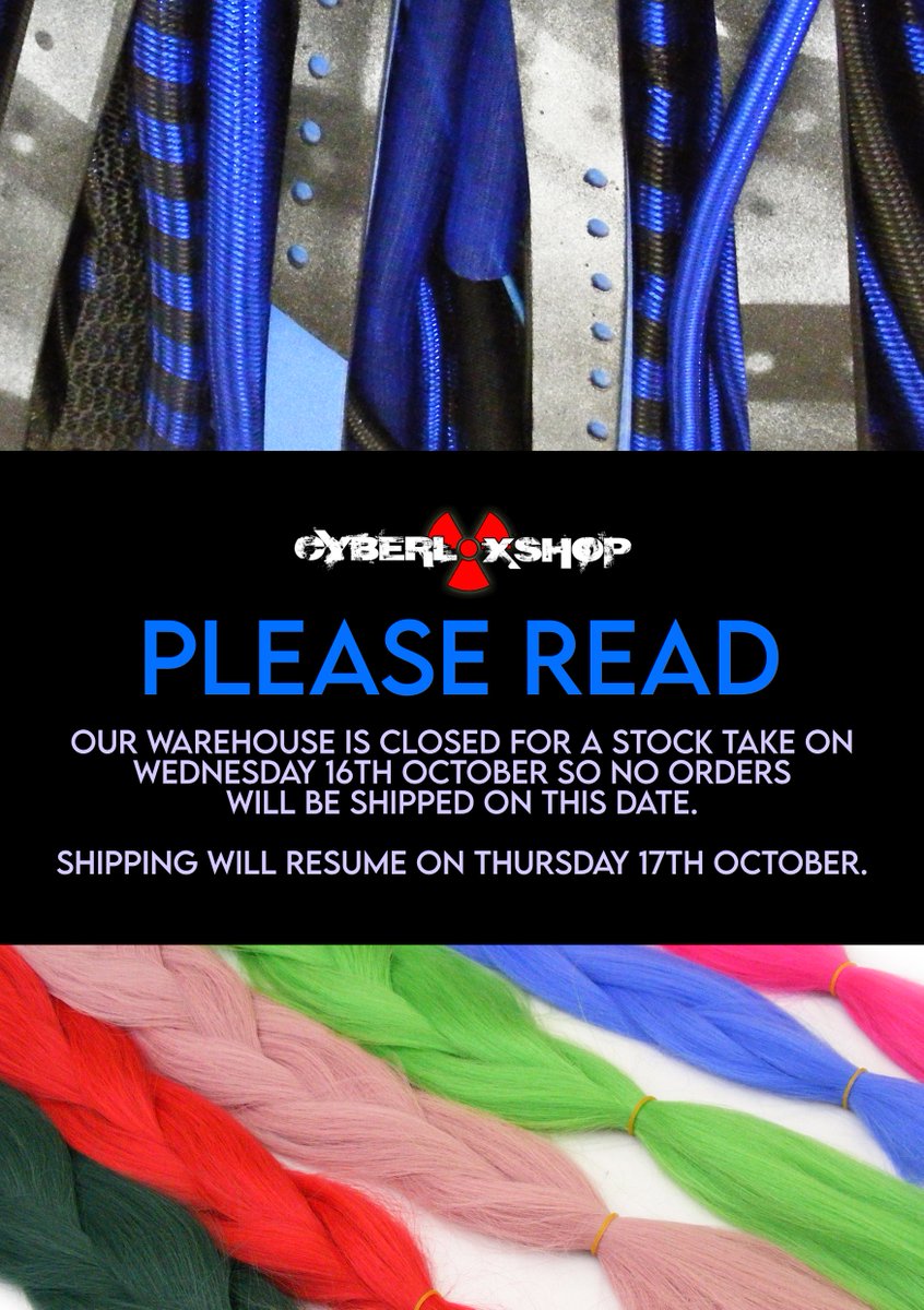 CyberloxShop's tweet photo. Hey guys! 
We won't be shipping any orders out on Wednesday 16th October as our warehouse is closed for a stocktake. Shipping will resume on Thursday 17th October. 
Thanks for reading! :) https://t.co/xEkyltJTnc