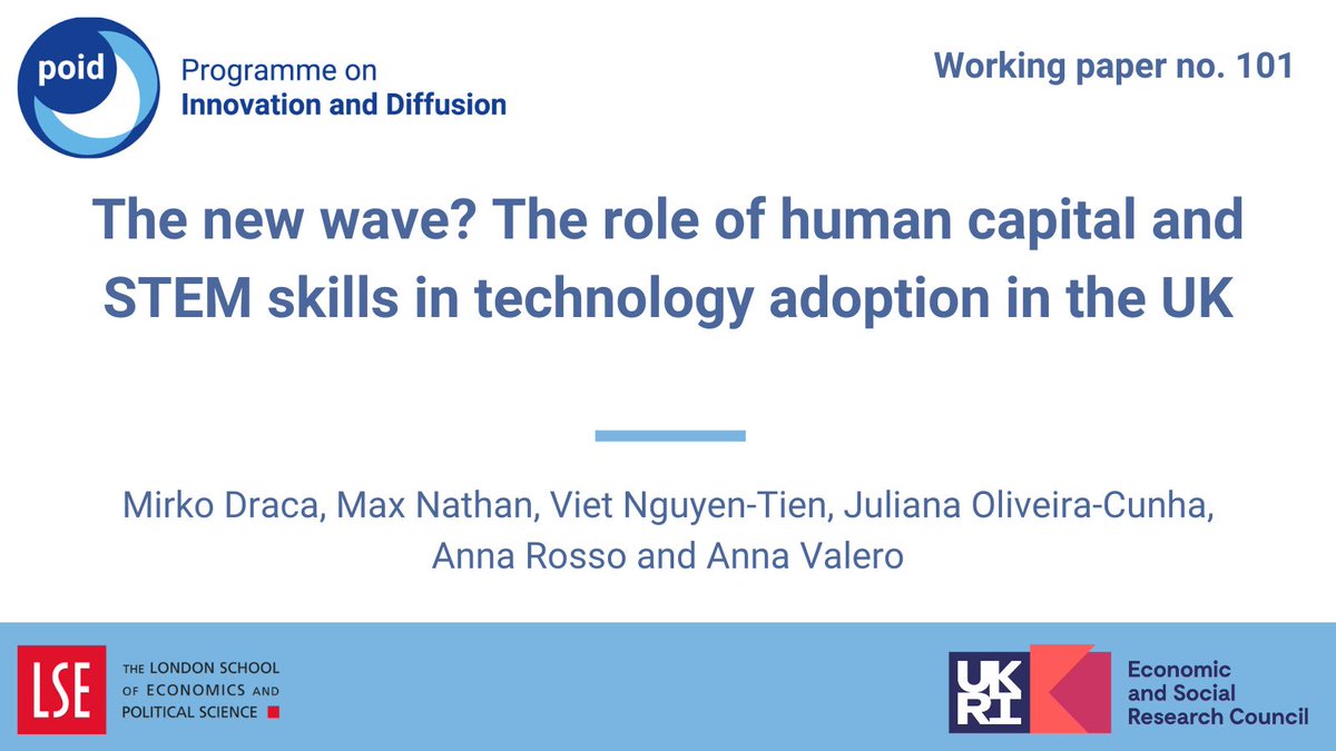 From the archive: The new wave? The role of human capital and STEM skills in technology adoption in the UK | #POIDWorkingPaper by <a href="/mirko_draca/">Mirko Draca</a>, <a href="/iammaxnathan/">Max Nathan</a>, <a href="/vietecon/">Viet Nguyen</a>, <a href="/JOliveiraCunha/">Juliana Oliveira-Cunha</a>, <a href="/annac_rosso/">Anna Cecilia Rosso</a> and <a href="/asvalero/">Anna Valero</a>

 poid.lse.ac.uk/PUBLICATIONS/a…