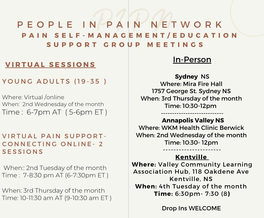 Join <a href="/Peoplepain/">People in Pain (PIPN)</a> #Pain Education and Wellness Support groups. These meetings provide an opportunity to #learn #connect with others.
To register pain.com 
People In Pain Network provides #virtual and in-person meetings in Sydney, Kentville and Berwick NS. #Free