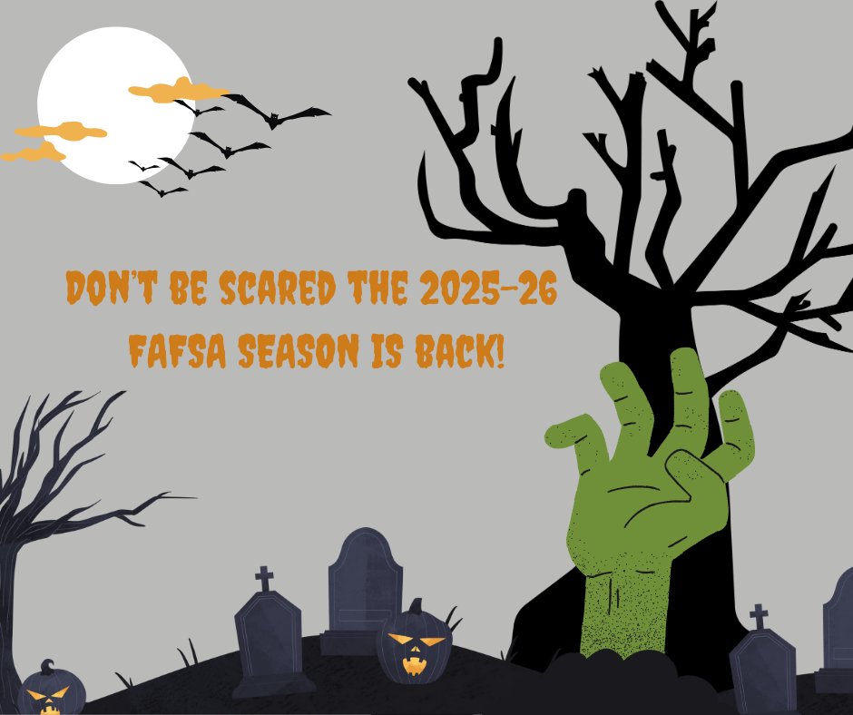 The scariest thing this season? Missing the FAFSA deadline! Contact us if you need help completing your application, or visit studentaid.gov for more info🎃👻