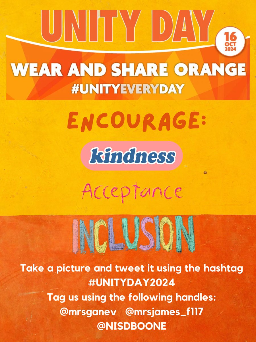 MrsJames (@mrsjames_f117) on Twitter photo Hello Mustangs! Join us tomorrow in celebrating UNITY DAY by wearing orange! Here at Boone we encourage: Kindness, Acceptance, and Inclusion! <a href="/mrsganev/">Alyssa Ganev</a> <a href="/NISDBOONE/">Murray E. Boone</a> <a href="/NISDCounseling/">NISD Counseling</a> Hello Mustangs! Join us tomorrow in celebrating UNITY DAY by wearing orange! Here at Boone we encourage: Kindness, Acceptance, and Inclusion! <a href="/mrsganev/">Alyssa Ganev</a> <a href="/NISDBOONE/">Murray E. Boone</a> <a href="/NISDCounseling/">NISD Counseling</a>