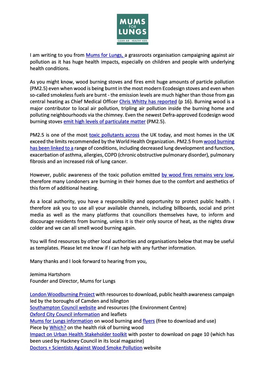 We've written again to all London councils, asking them to use all channels available to publicise the dangers of emissions from burning. If you'd like to do similar, you can use the template letter on our website 👇. #AirPollution #WoodBurning
mumsforlungs.org/news/template-…