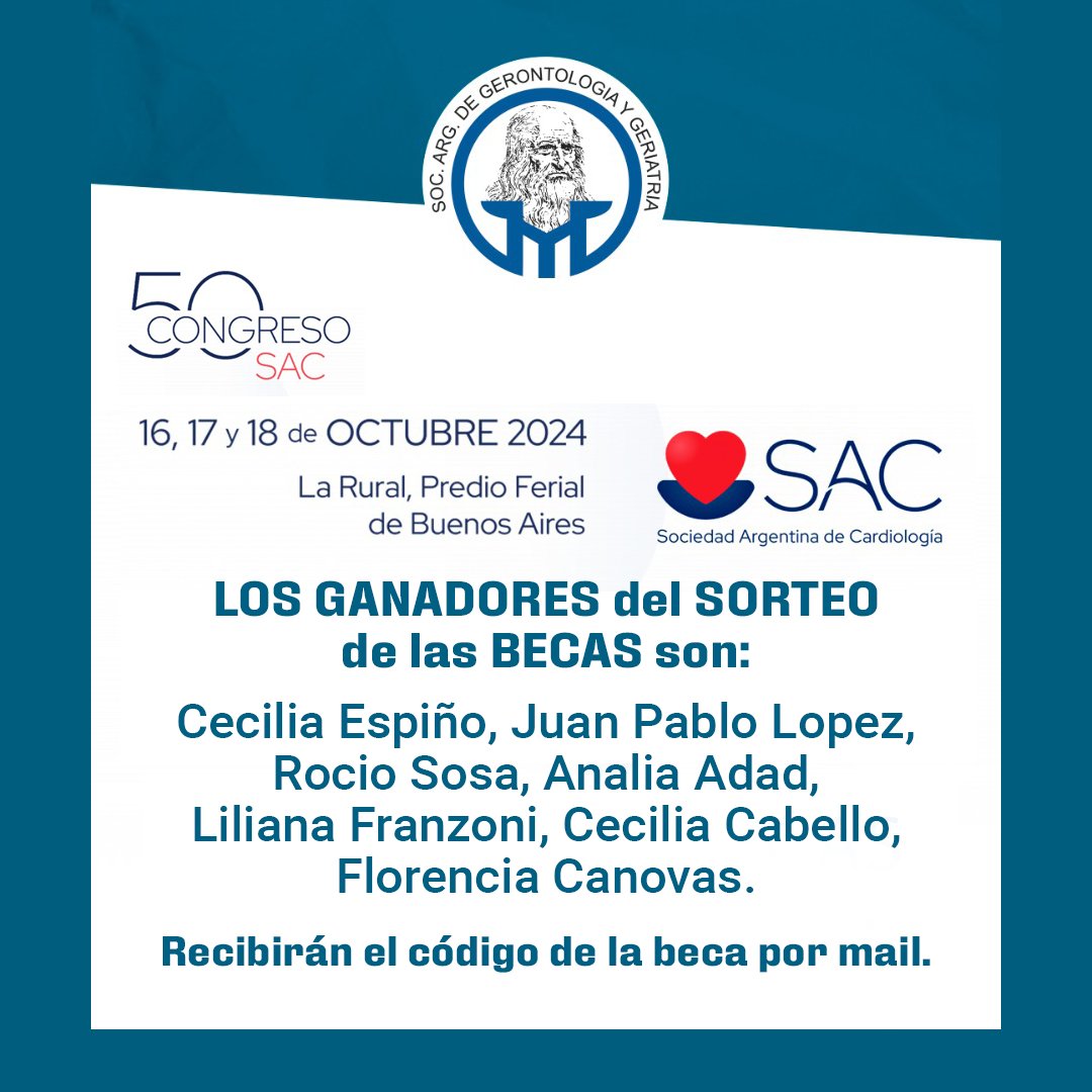 sagg2024's tweet photo. 😍 Ganadores del sorteo de BECAS: Cecilia Espiño, Juan Pablo Lopez, Rocio Sosa, Analia Adad, Liliana Franzoni, Cecilia Cabello, Florencia Canovas. Felicitaciones a los ganadores. Recibirán el codigo de la beca por mail. https://t.co/i7H90MyNsa