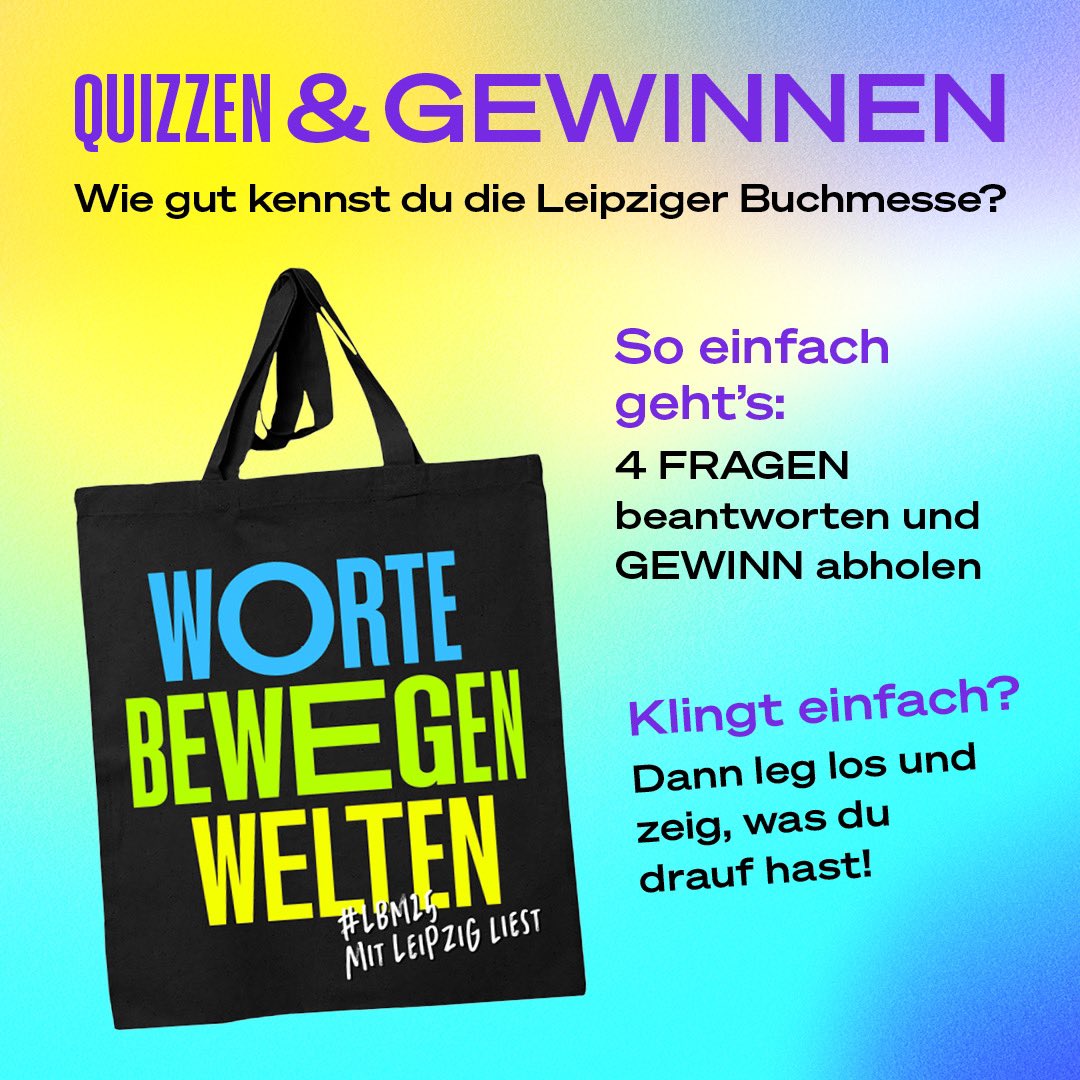 Nur an unserem Stand H91 auf der #FBM24 in Halle 3.1 bekommt ihr ein LBM-Goodie von uns!

Unter leipziger-buchmesse.de/gewinnspiel-fbm könnt ihr an unserem Quiz teilnehmen. Einfach ein paar easy-peasy Quizfragen beantworten und mit voller Punktzahl euren Gewinn direkt bei uns abholen!