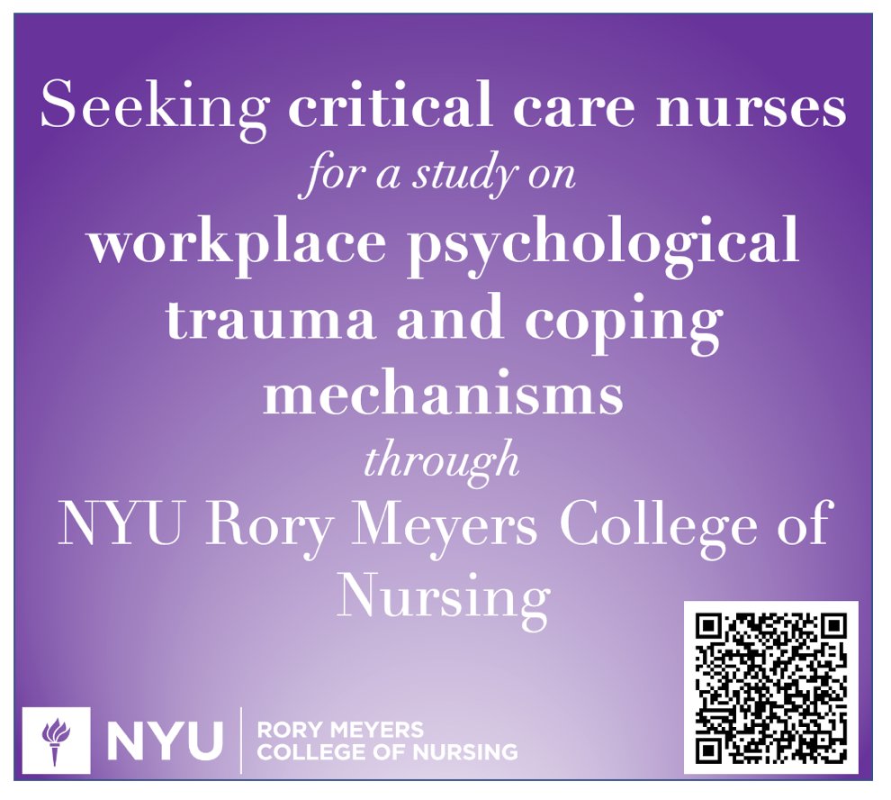 We are seeking critical care nurses to participate in a study on workplace psychological trauma and coping mechanisms at NYU Rory Meyers College of Nursing. Follow the link to participate in the study! redcap.nyu.edu/surveys/?s=PKN…