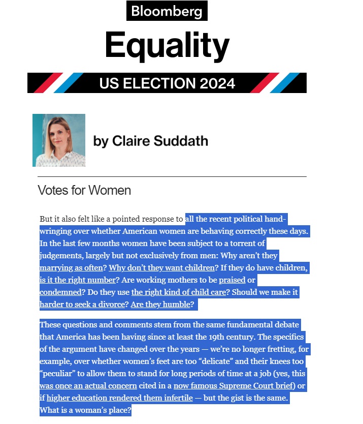 Fantastic insight from <a href="/clairesuddath/">Claire Suddath</a> about the questions surrounding women this election.