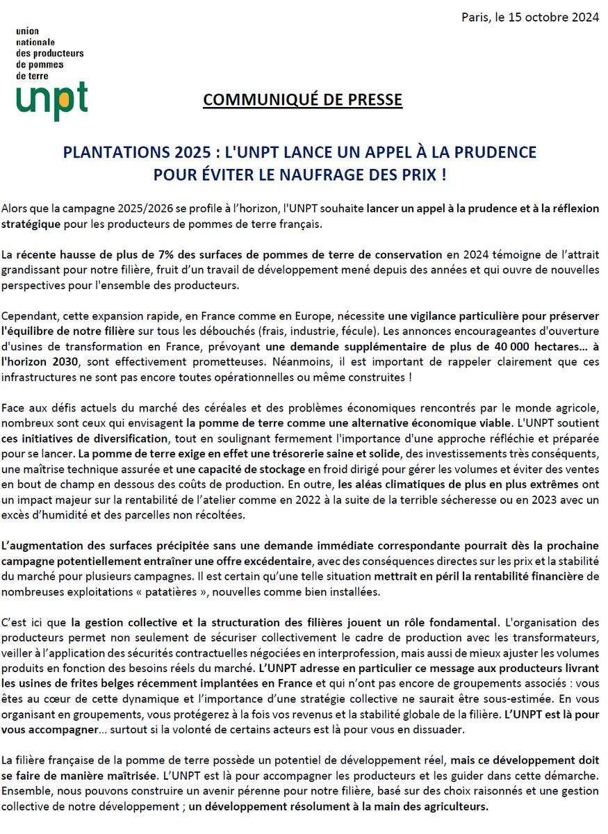 UNPT_FRANCE's tweet photo. 📊 Hausse de la demande en pommes de terre 🥔 ? Oui, mais à horizon 2030 ! L’augmentation des surfaces doit suivre une demande claire et structurée. L'UNPT prévient : ne précipitons pas la surproduction dès la prochaine campagne 2025 ! ⚠️ Notre communiqué ⬇️ https://t.co/PmekkZxLO2