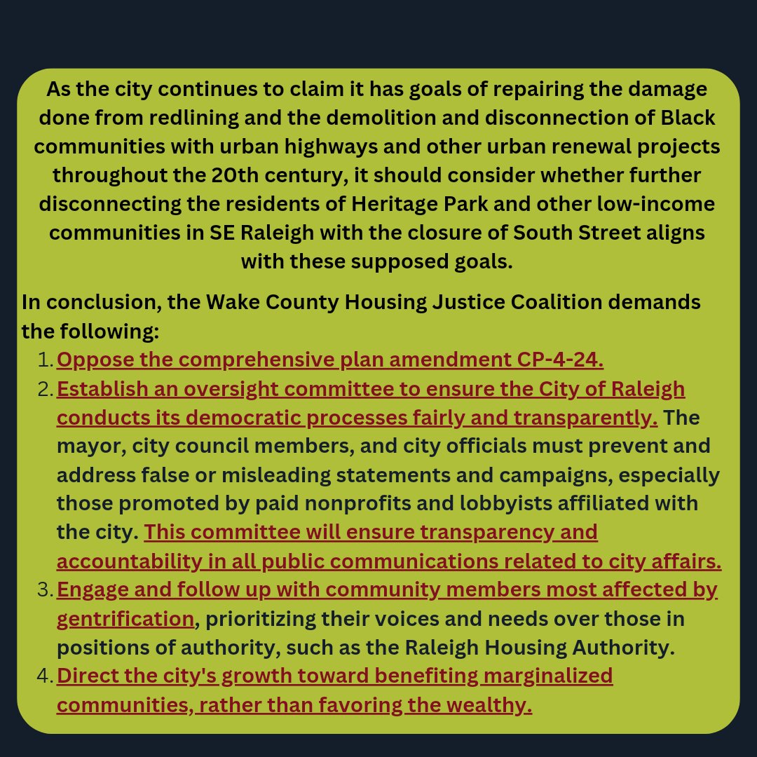 On Friday, Oct 11, we sent a letter to the Raleigh City Council and the Planning Commissioners regarding the inadequate outreach to the community most impacted by gentrification in the area. 

#redhatamphitheater #gentrification #BlackLivesStillMatter #housingjustice #ralpol